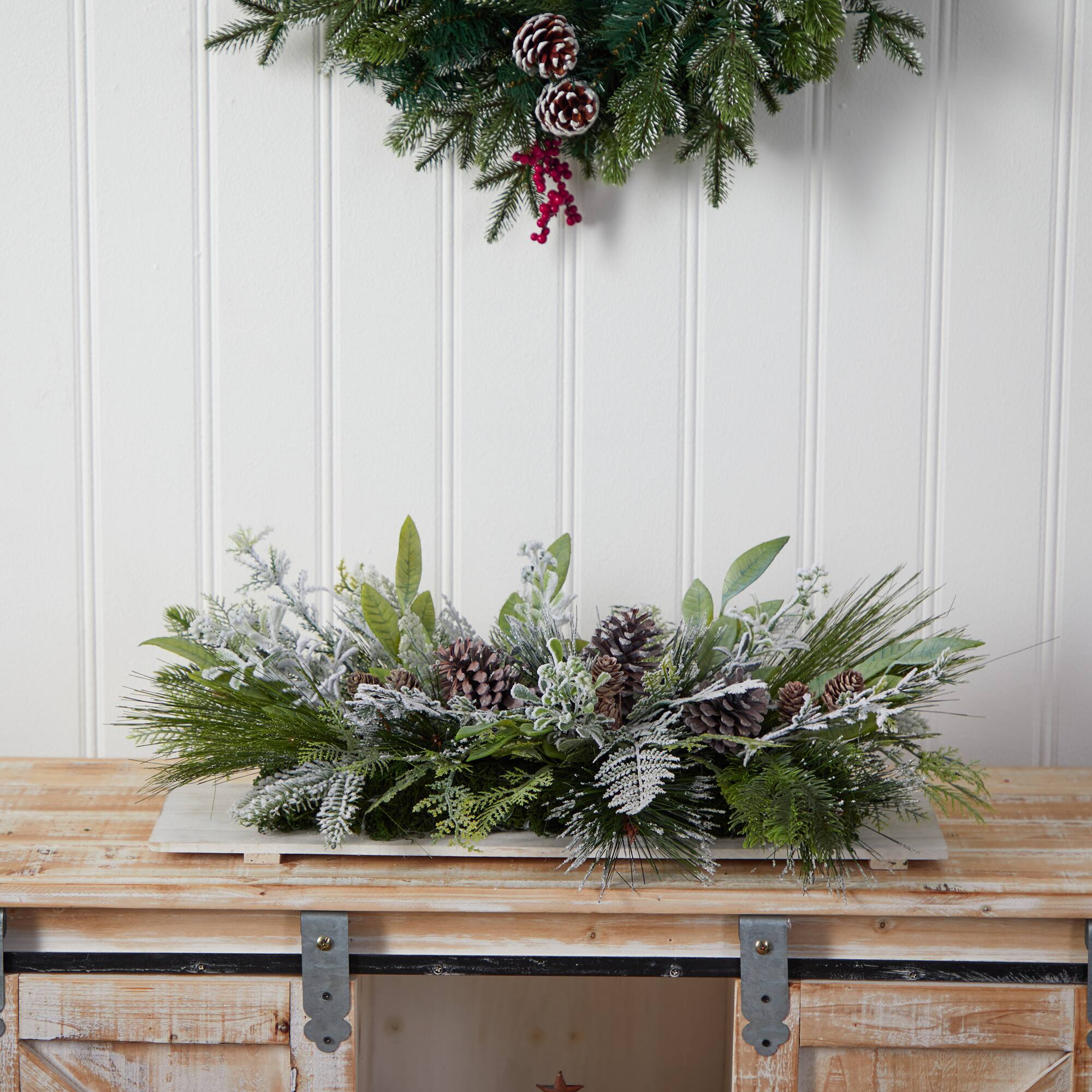 26" Flocked Winter Christmas Arrangement on Board